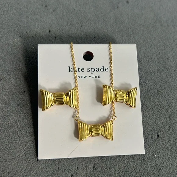 Kate Spade Gold Plated Bow Jewelry Earrings and Necklace Set — NWT! - Picture 1 of 2
